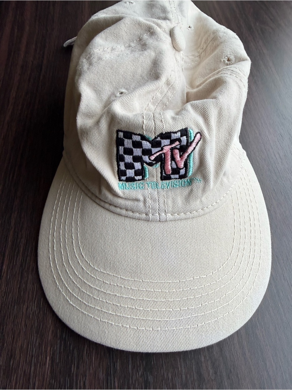 MTV Cream Baseball Hat with Checker Logo
